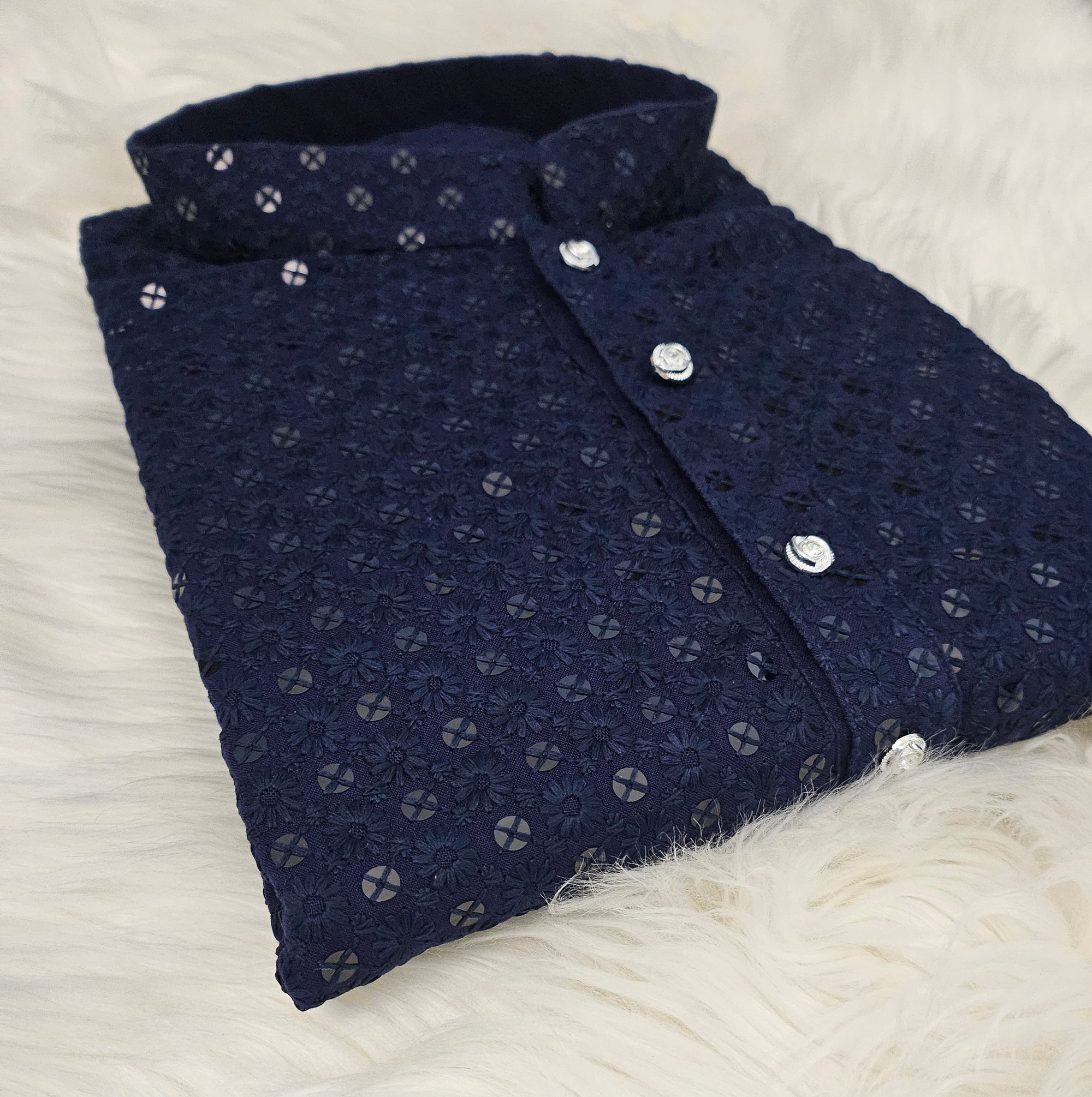 Size 38, Navy Chikankari Rayon with Sequins Work 2 Piece Kurta Pajama Set for Man, KP - 1235