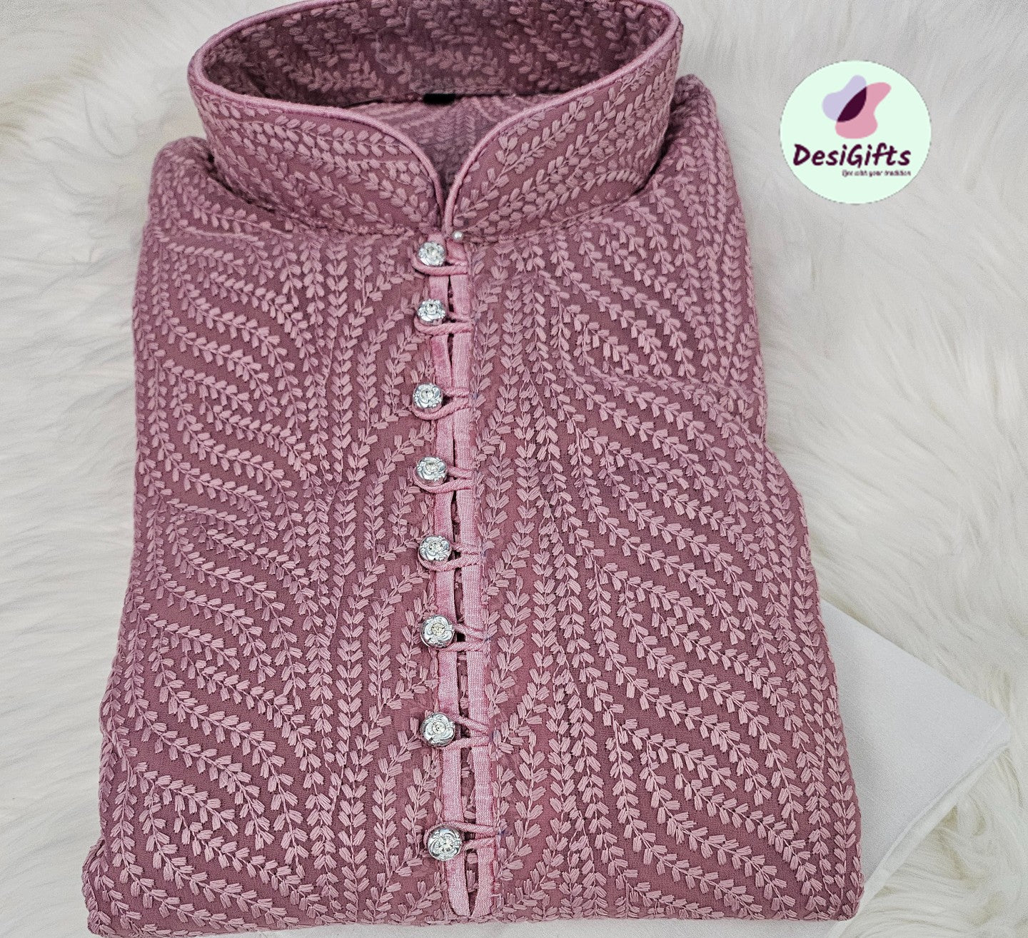 Size 40, Soft Onion Shade Georgette with Intricate Chikankari Embroidery Kurta Pajama Set, KP - 1236