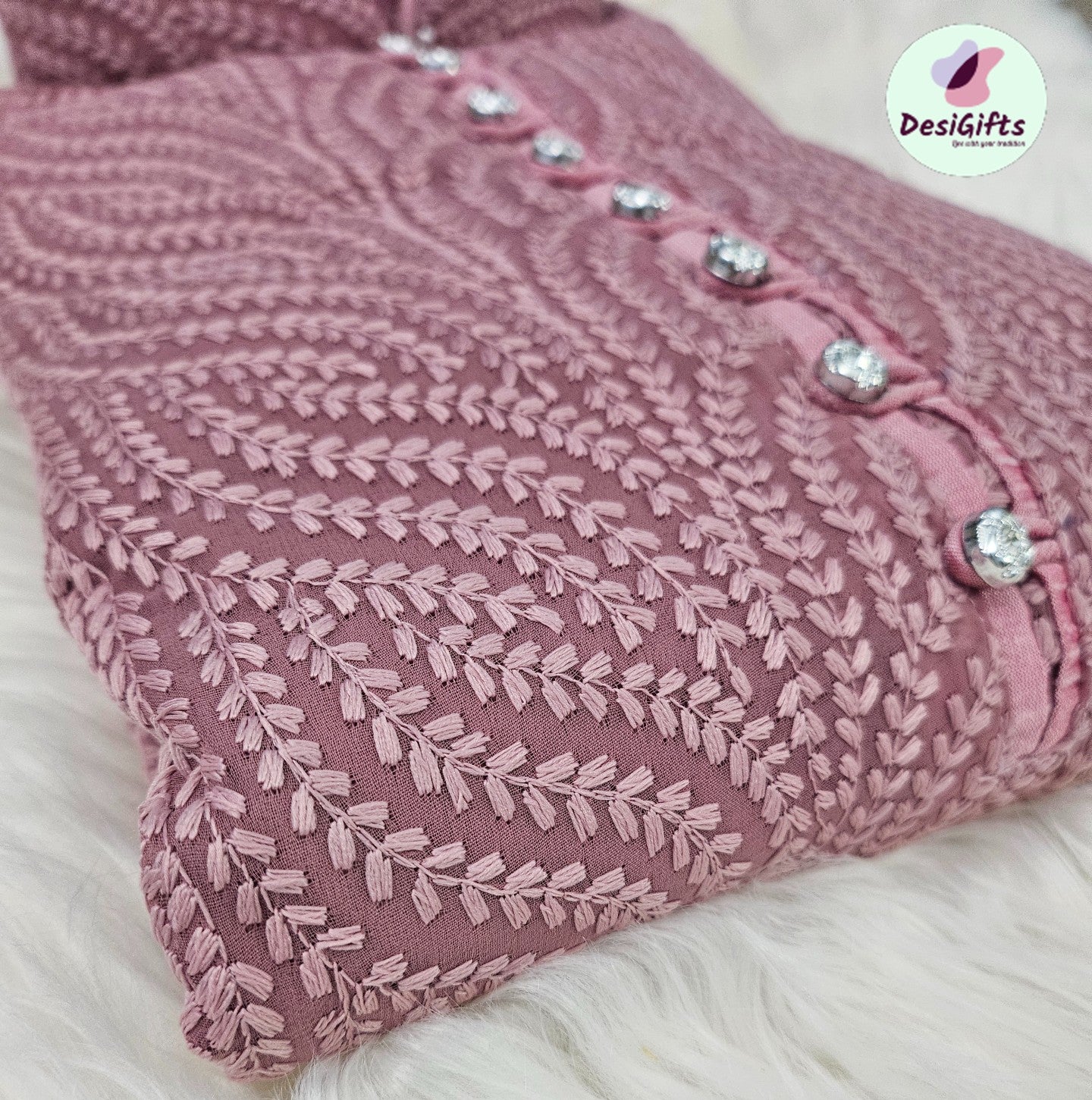 Size 40, Soft Onion Shade Georgette with Intricate Chikankari Embroidery Kurta Pajama Set, KP - 1236