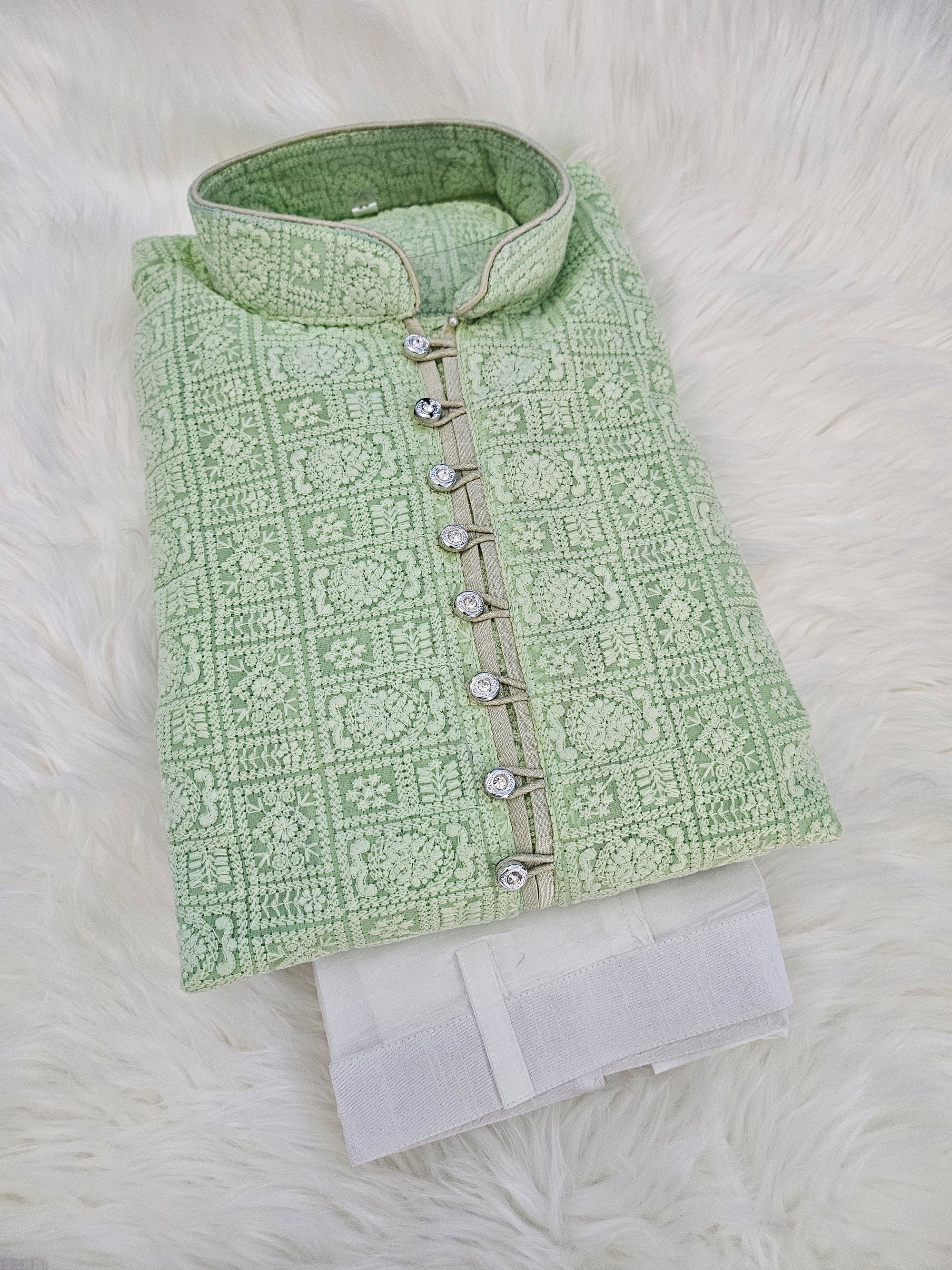 Light Green Shade Georgette with Intricate Chikankari Embroidery Kurta Pajama Set, KP - 1237