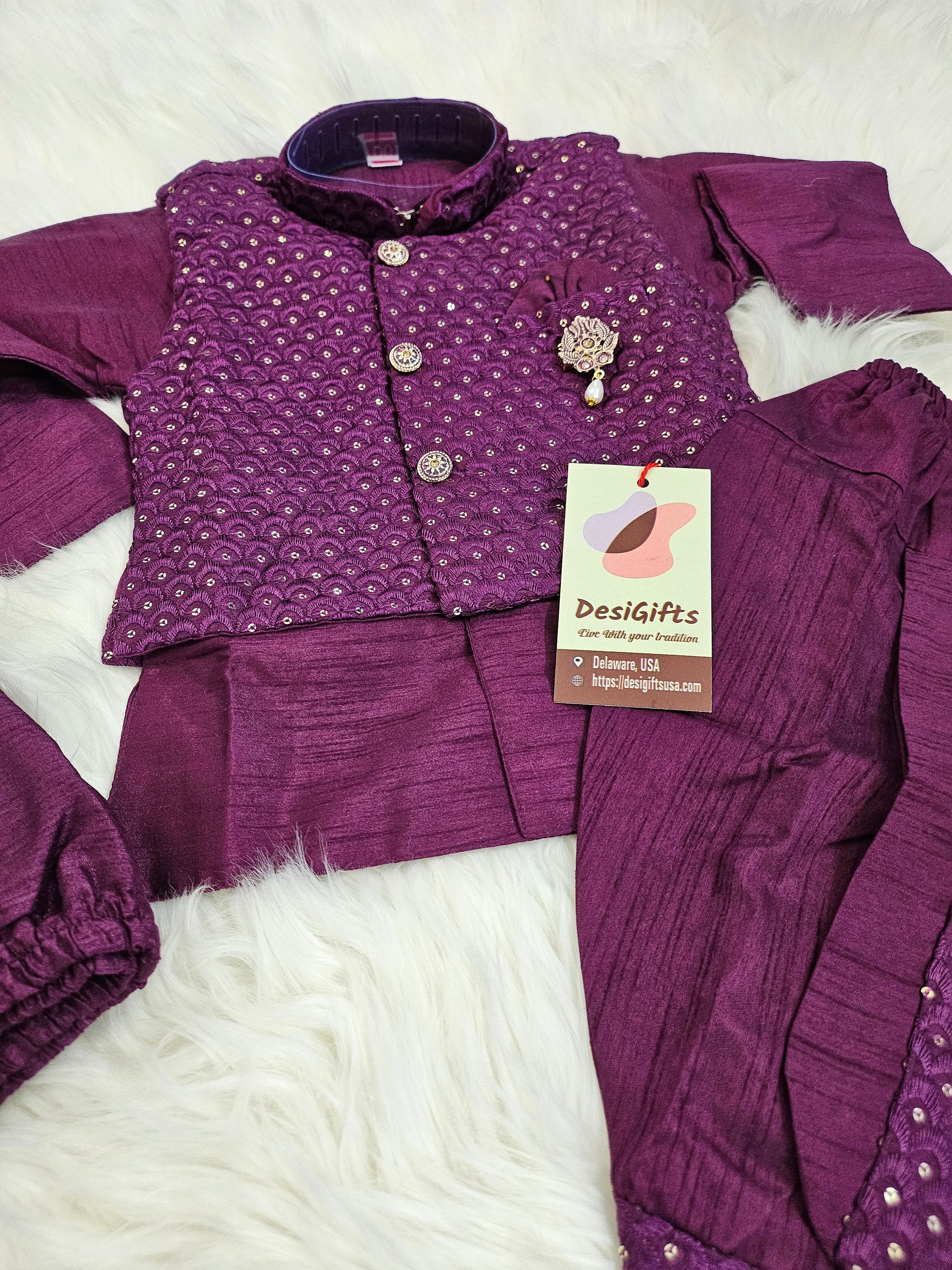 Comfy Newborn Boy 4 Piece Cotton Silk Indian Dress with Dhoti and Pajama with Sequins Jacket- Design B-1435