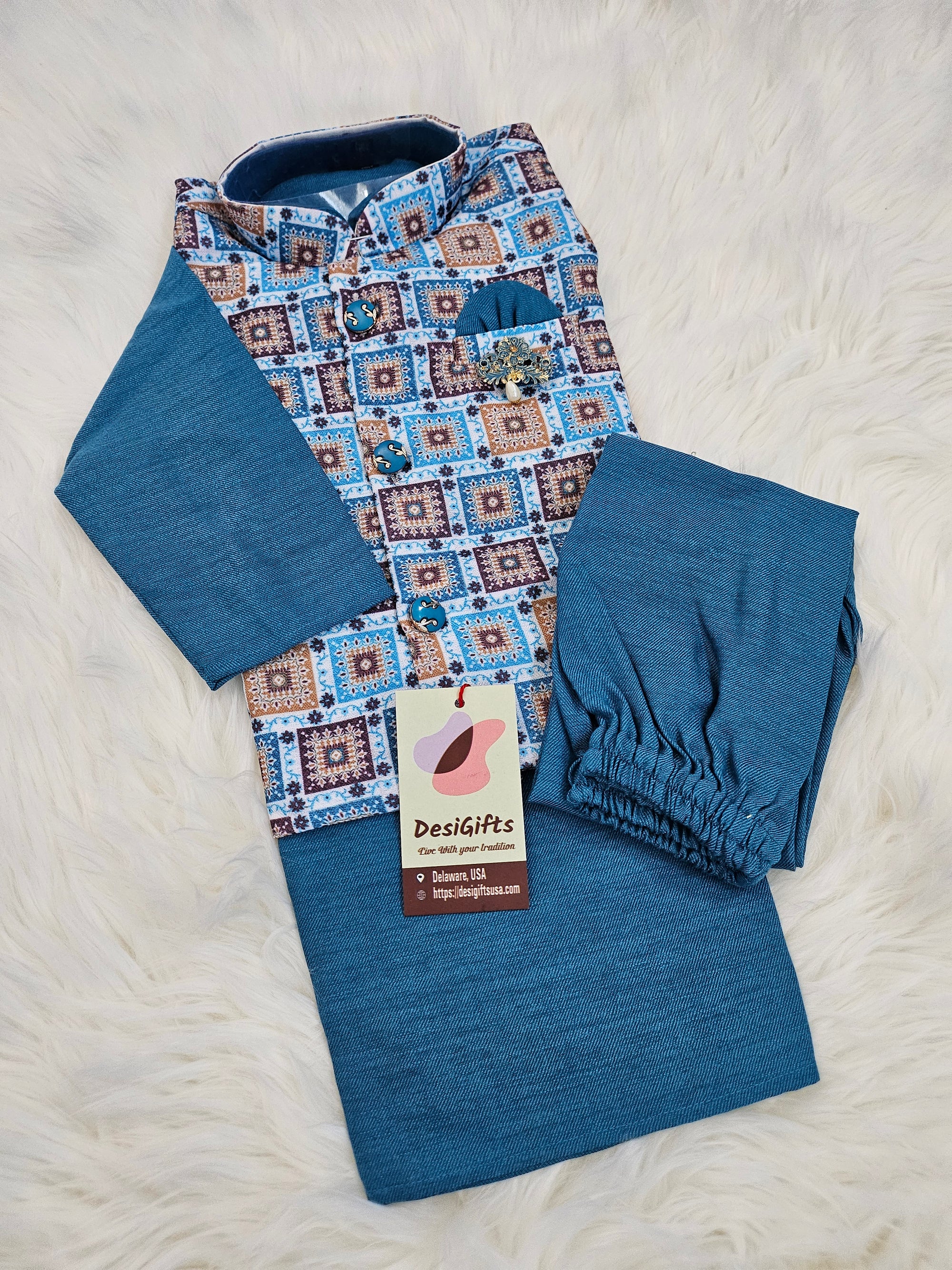 Cerulean Blue Shade 3 Piece Boy's Cotton  Kurta Dress with Jacket and Pajama- Design B-1436