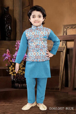 Cerulean Blue Shade 3 Piece Boy's Cotton  Kurta Dress with Jacket and Pajama- Design B-1436