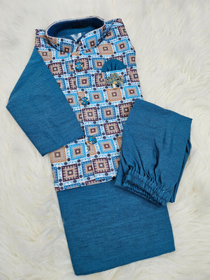 Cerulean Blue Shade 3 Piece Boy's Cotton  Kurta Dress with Jacket and Pajama- Design B-1436