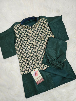 3 Piece Boy's Cotton Silk Kurta Dress with Embroidered Jacket and Pajama, Pine Green Shade- Design B-1438