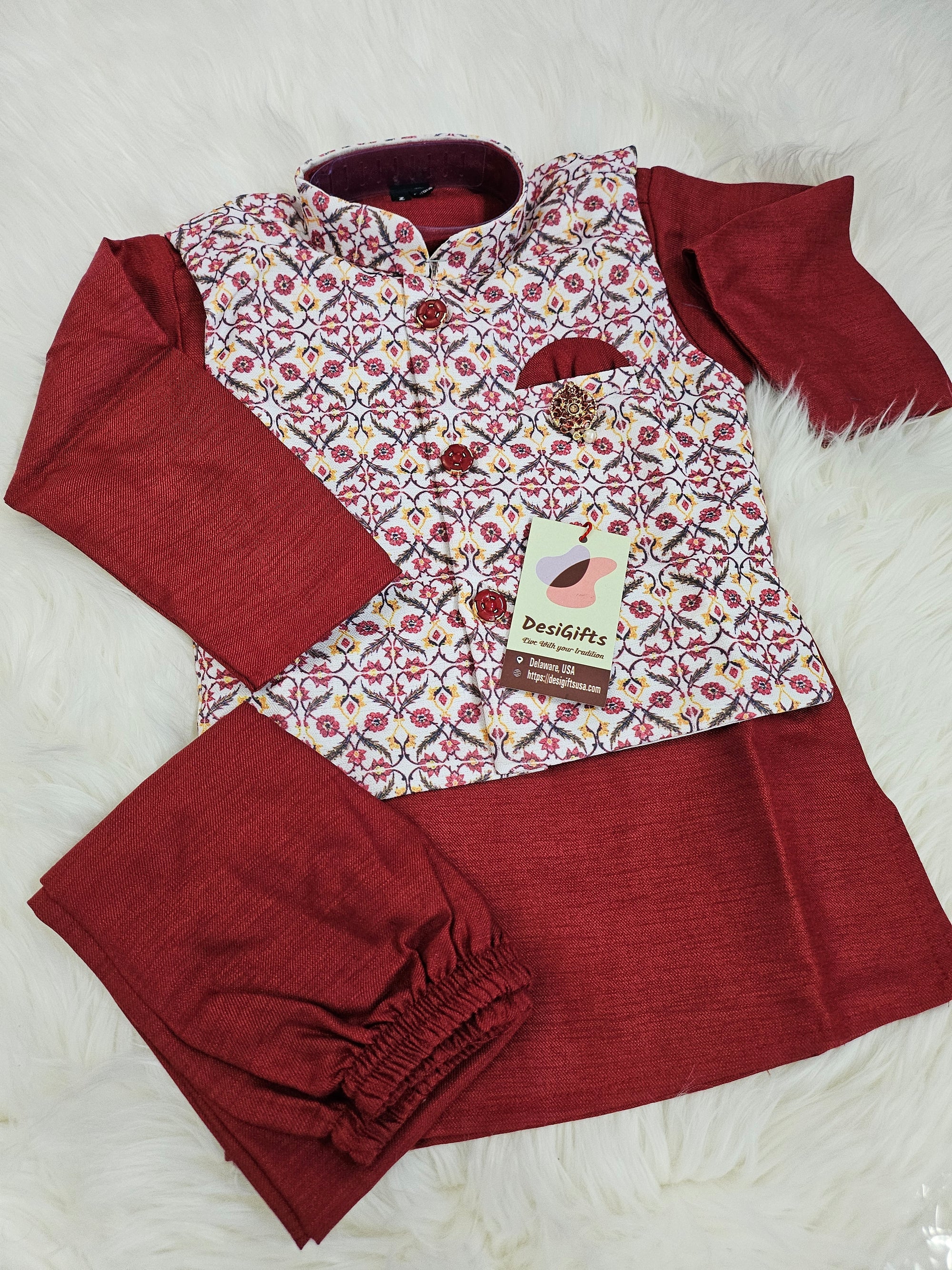 Maroon Shade 3 Piece Boy's Cotton  Dress Kurta with Jacket and Pajama- Design B-1439