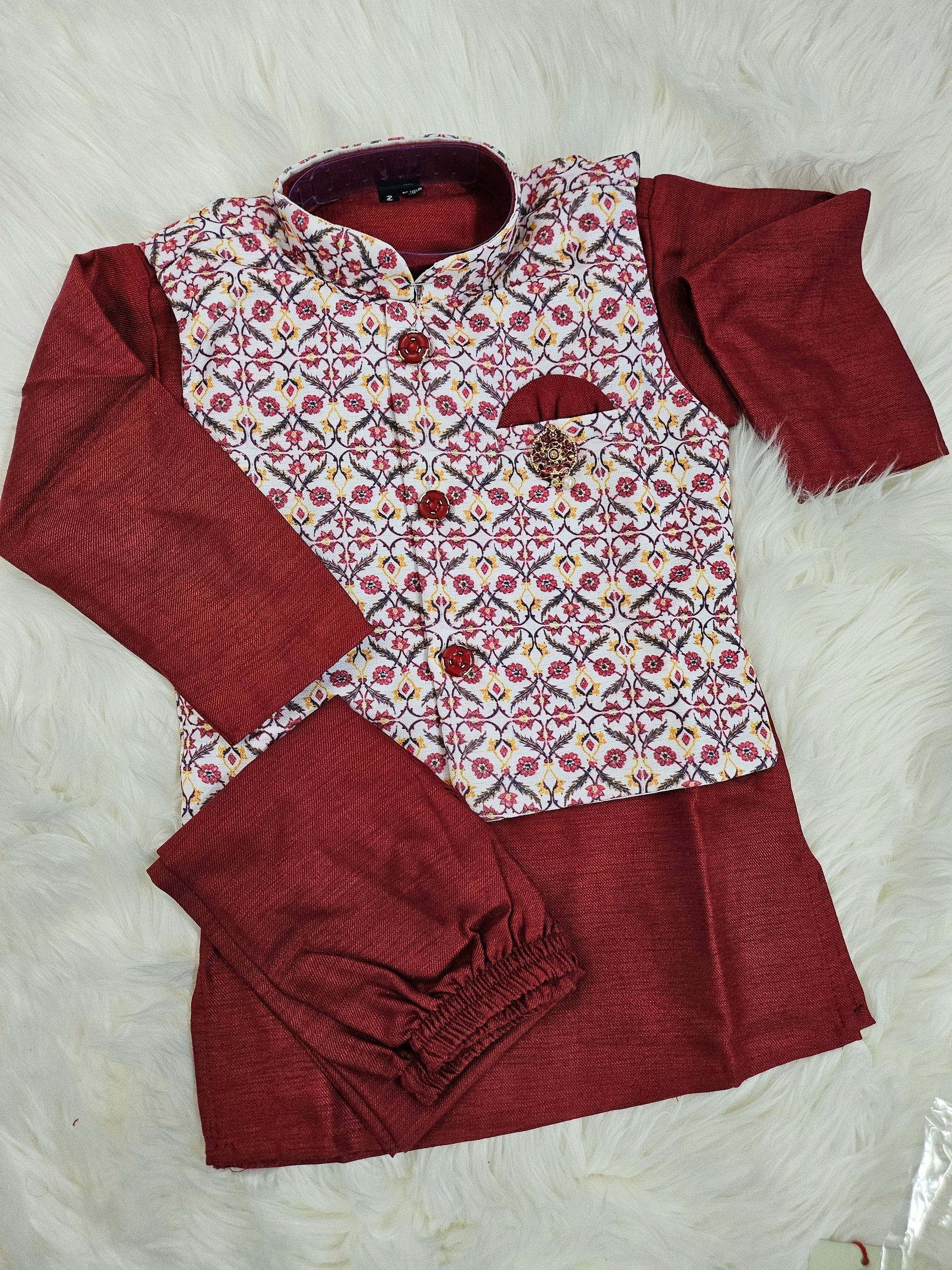 Maroon Shade 3 Piece Boy's Cotton  Dress Kurta with Jacket and Pajama- Design B-1439