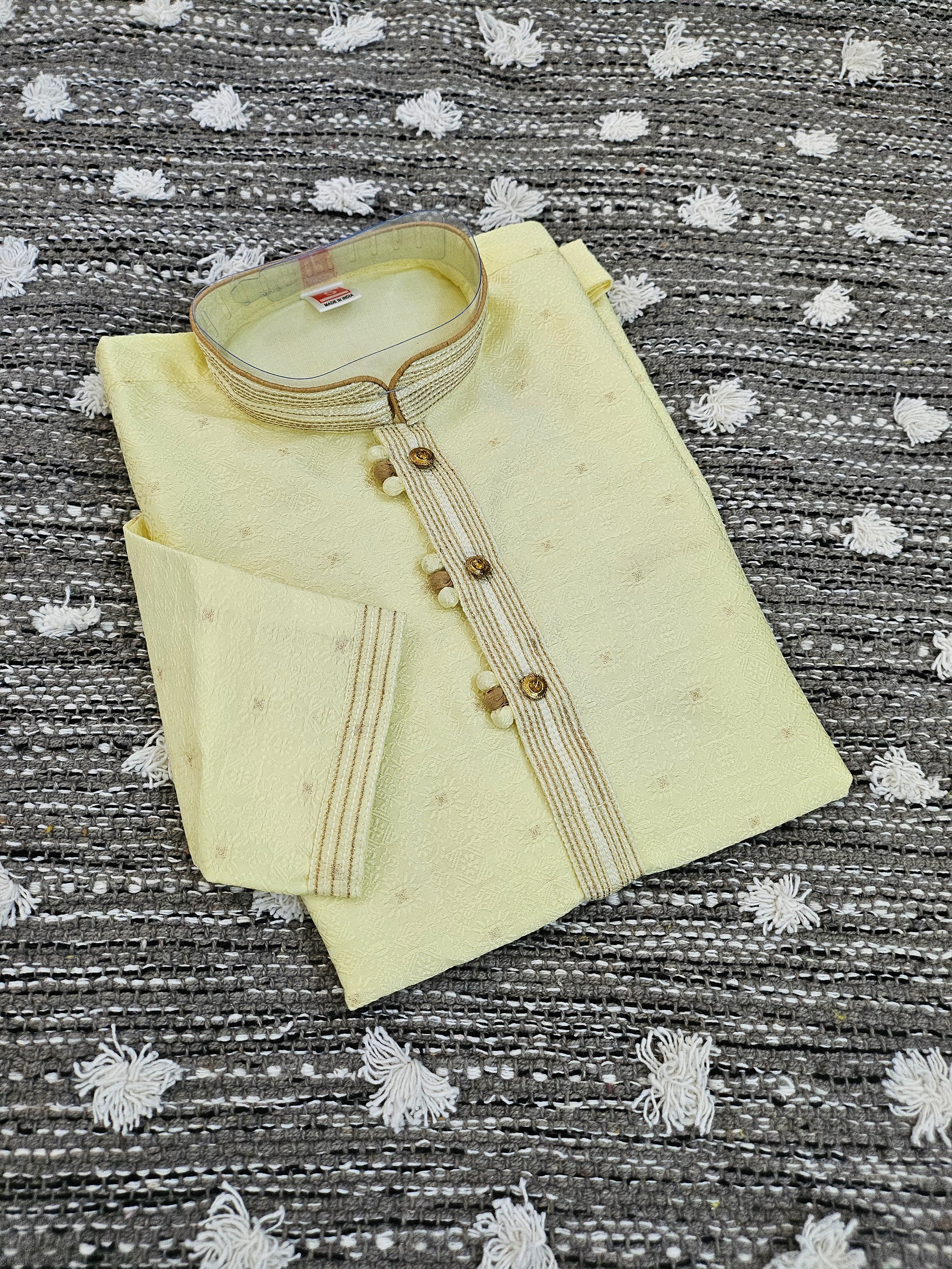 Pastel Yellow Boy's  Silk Kurta Pajama Set- BOY-1442