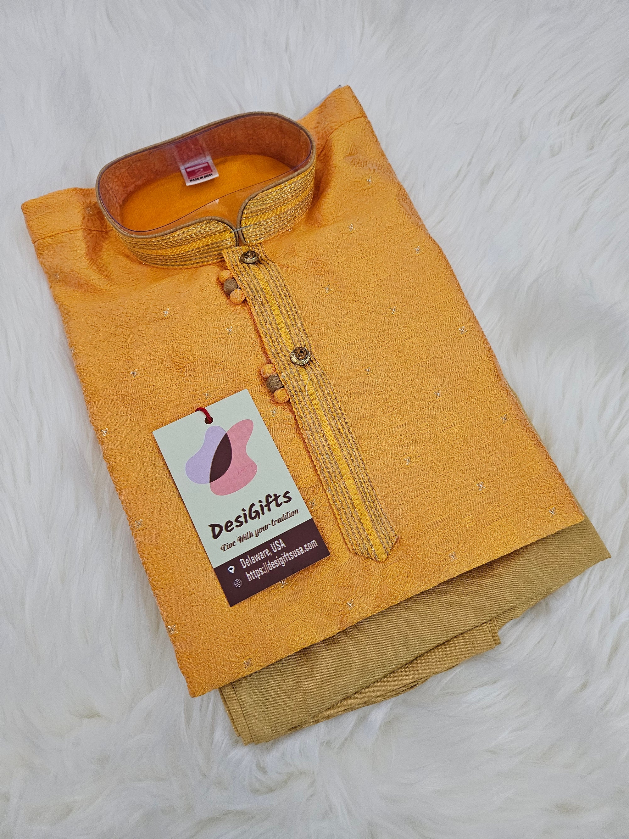 Marigold Yellow/ Orange Shade Boy's  Silk Kurta Pajama Set- BOY-1445