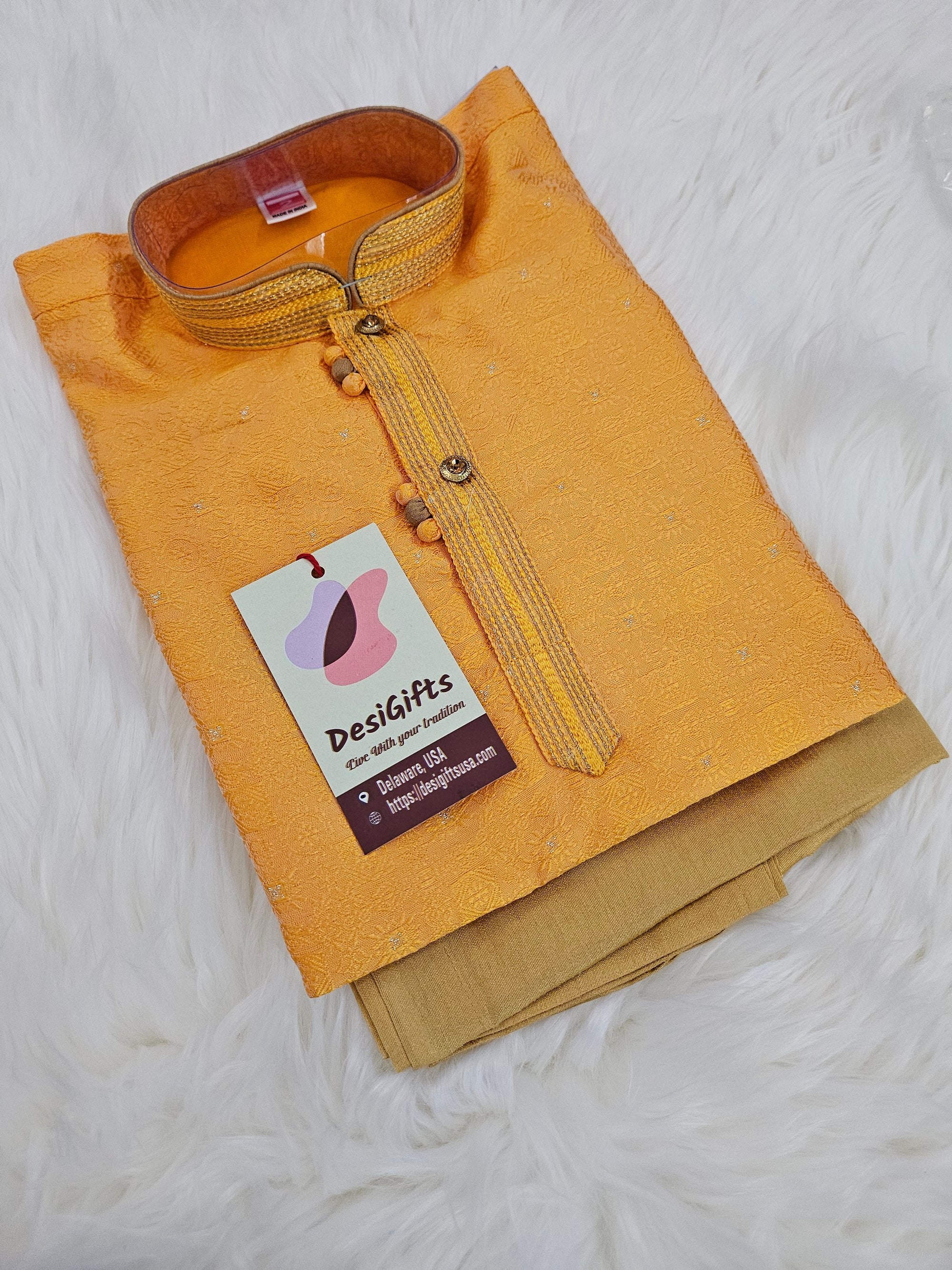 Marigold Yellow/ Orange Shade Boy's  Silk Kurta Pajama Set- BOY-1445