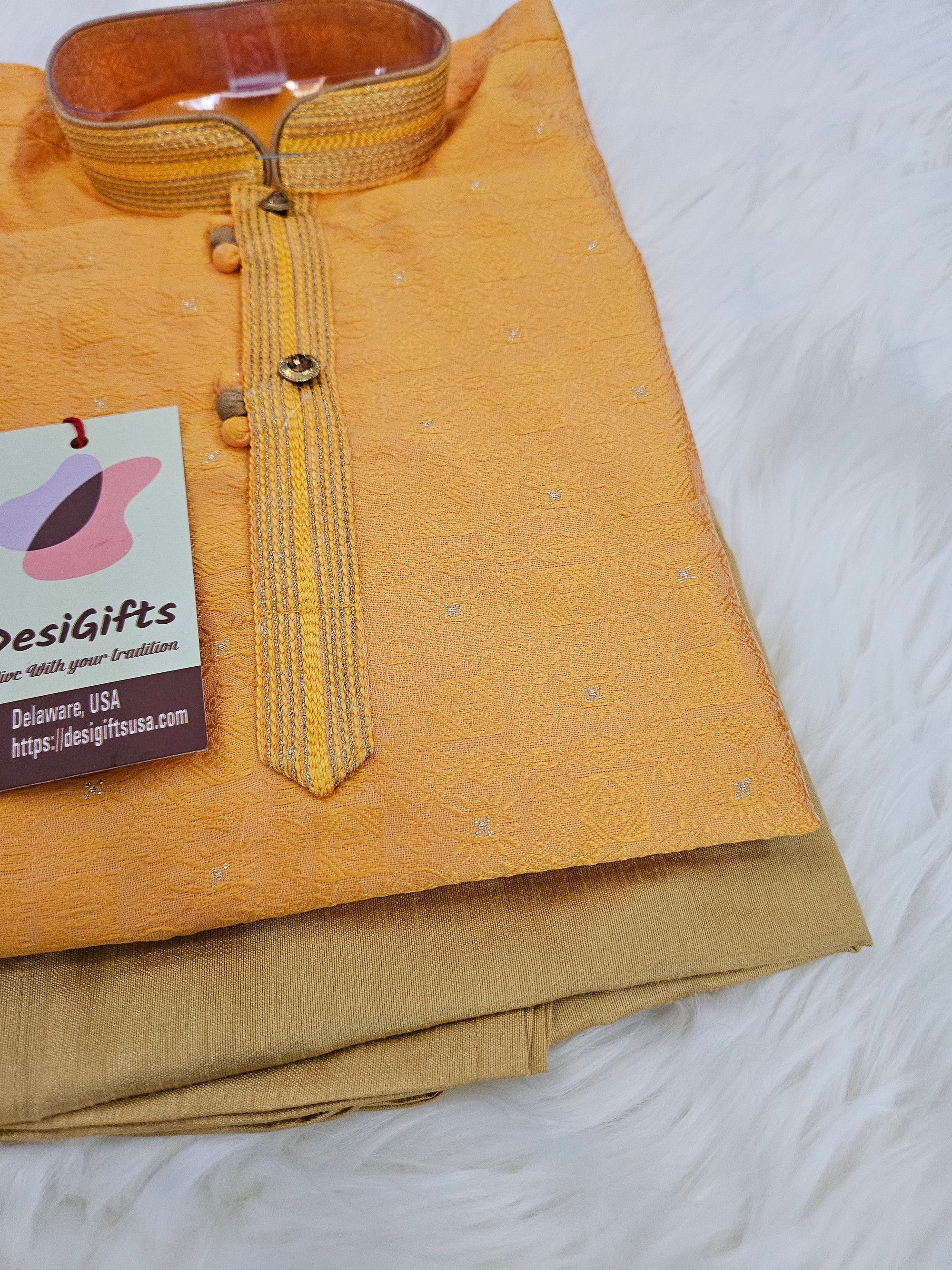 Marigold Yellow/ Orange Shade Boy's  Silk Kurta Pajama Set- BOY-1445