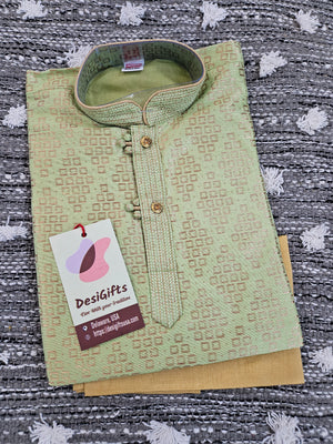 Tea Green Shade with Golden Design Boy's  Silk Kurta Pajama With Cotton Linen - BOY-1446