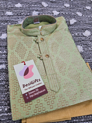 Tea Green Shade with Golden Design Boy's  Silk Kurta Pajama With Cotton Linen - BOY-1446