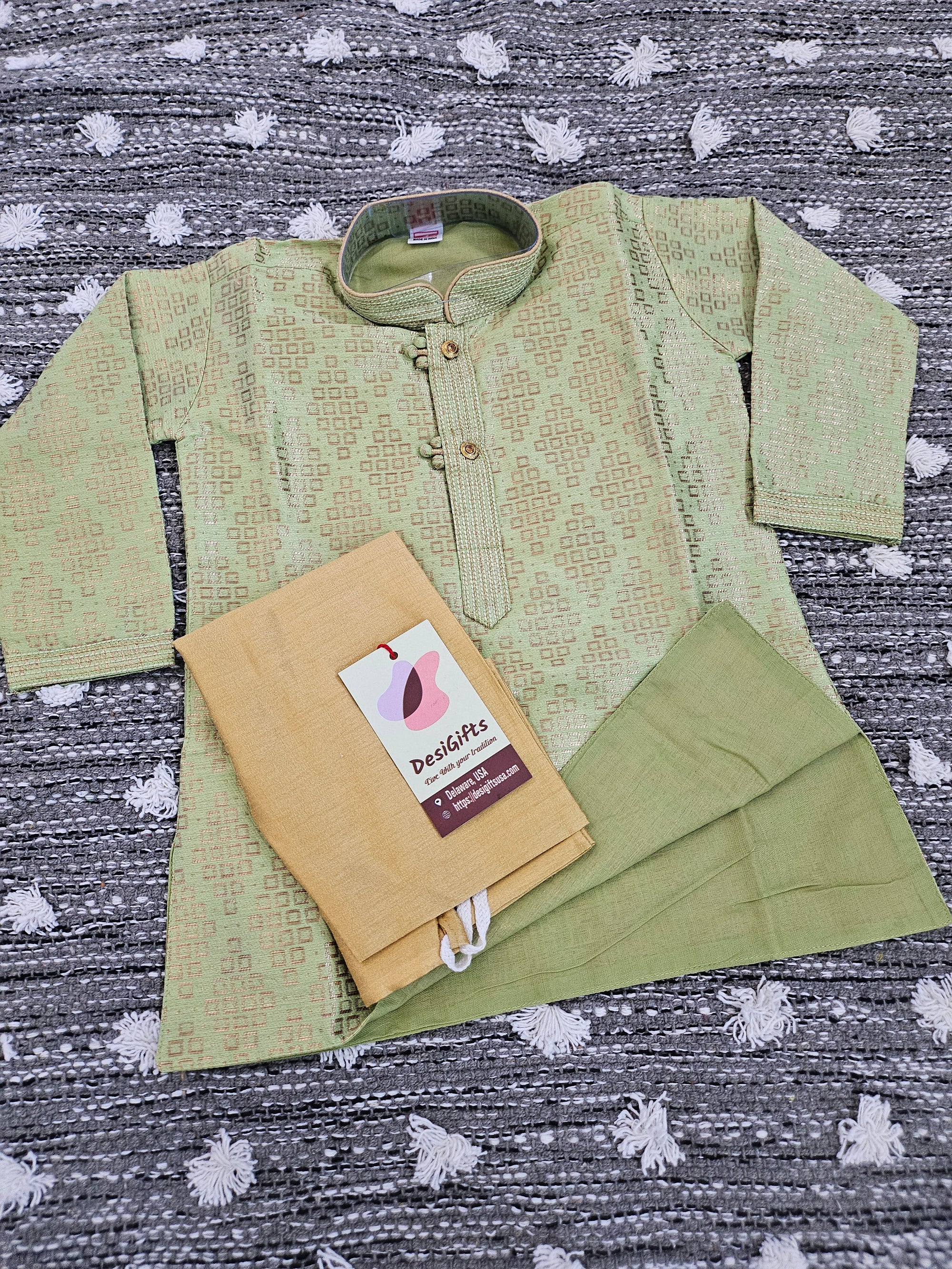 Tea Green Shade with Golden Design Boy's  Silk Kurta Pajama With Cotton Linen - BOY-1446