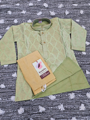 Tea Green Shade with Golden Design Boy's  Silk Kurta Pajama With Cotton Linen - BOY-1446