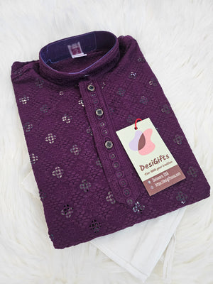 Boy's Cotton Silk Kurta Pajama with Sequins Work in Deep Purple Shade- BOY-1447