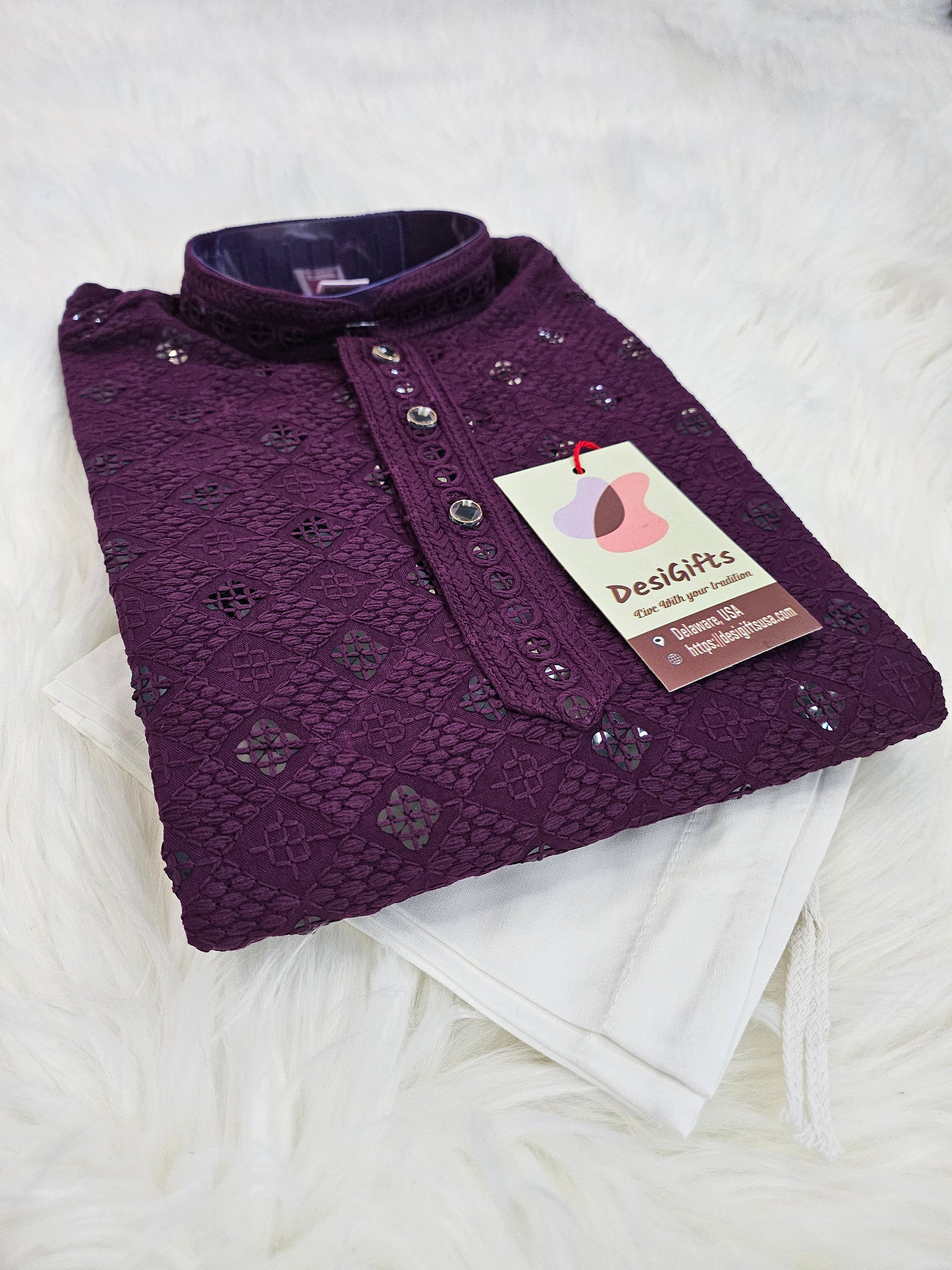 Boy's Cotton Silk Kurta Pajama with Sequins Work in Deep Purple Shade- BOY-1447