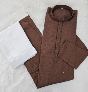 Caramel Brown Sequins Work Chikankari Rayon 2 Piece Kurta Pajama Set for Man, KP - 1684