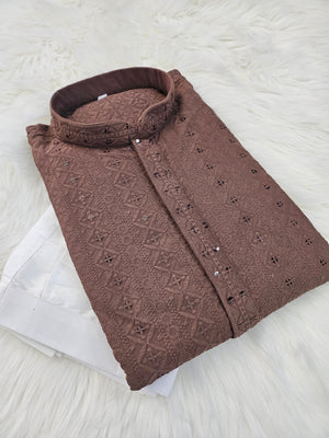 Caramel Brown Sequins Work Chikankari Rayon 2 Piece Kurta Pajama Set for Man, KP - 1684