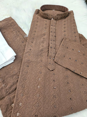 Caramel Brown Sequins Work Chikankari Rayon 2 Piece Kurta Pajama Set for Man, KP - 1684