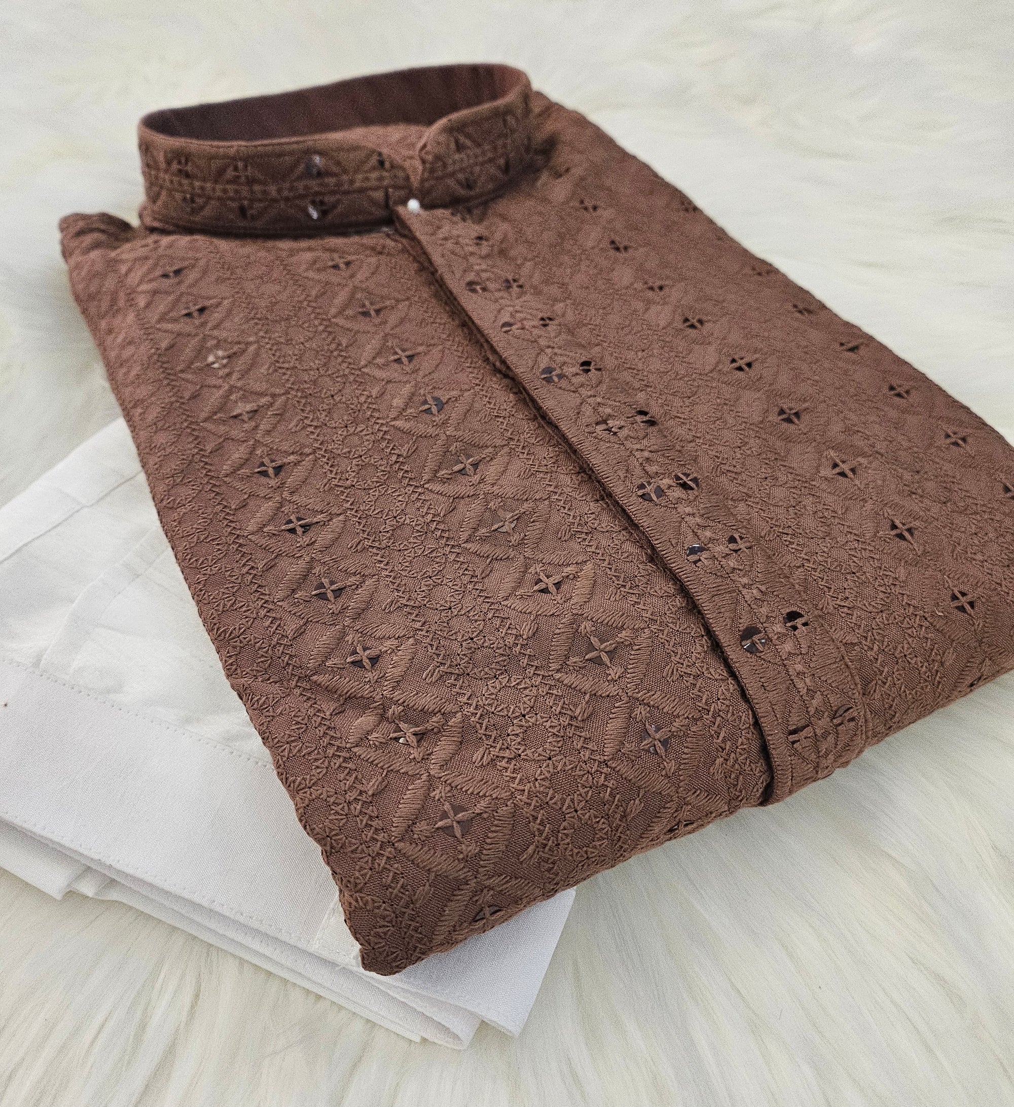 Caramel Brown Sequins Work Chikankari Rayon 2 Piece Kurta Pajama Set for Man, KP - 1684