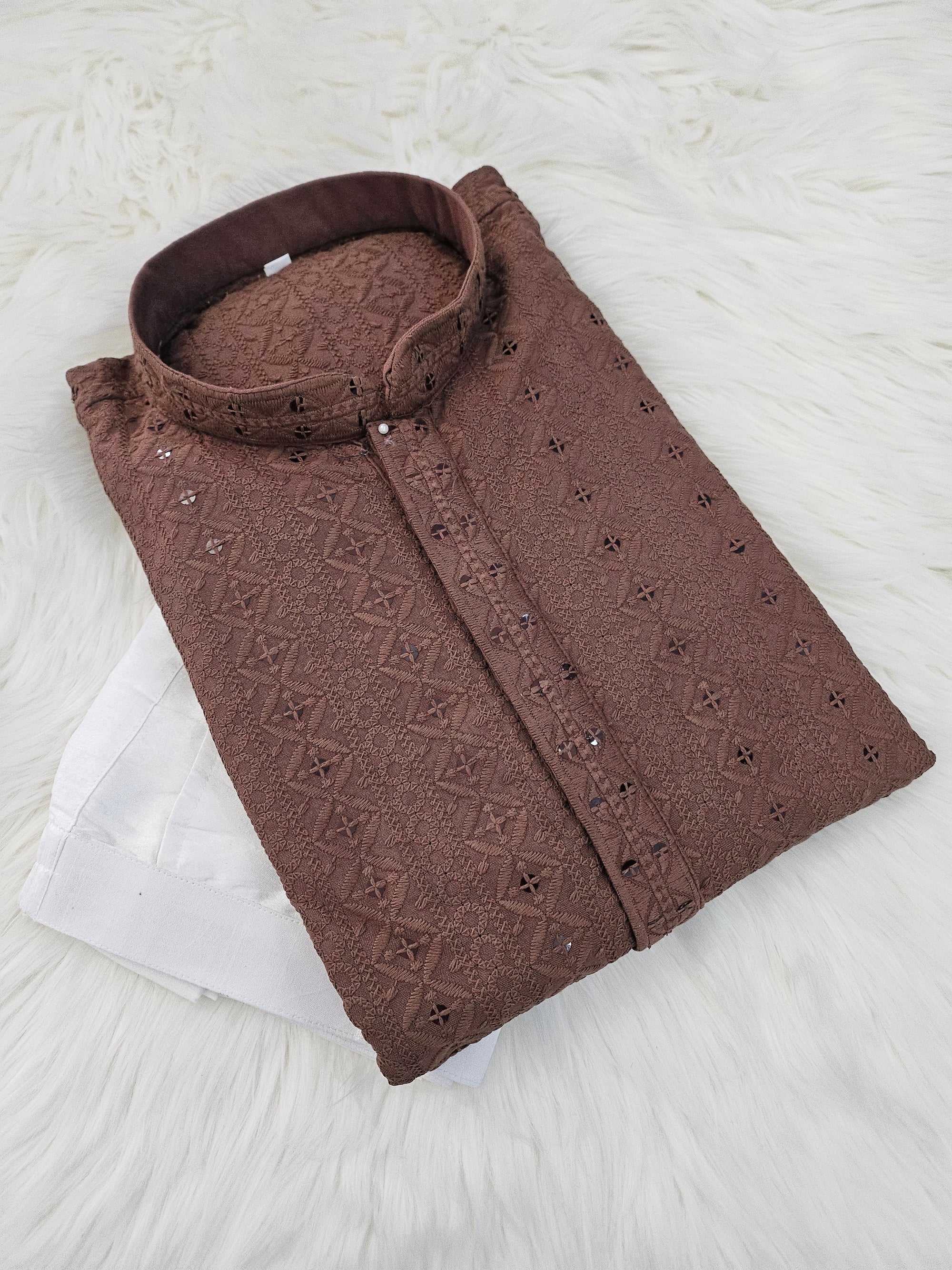 Caramel Brown Sequins Work Chikankari Rayon 2 Piece Kurta Pajama Set for Man, KP - 1684