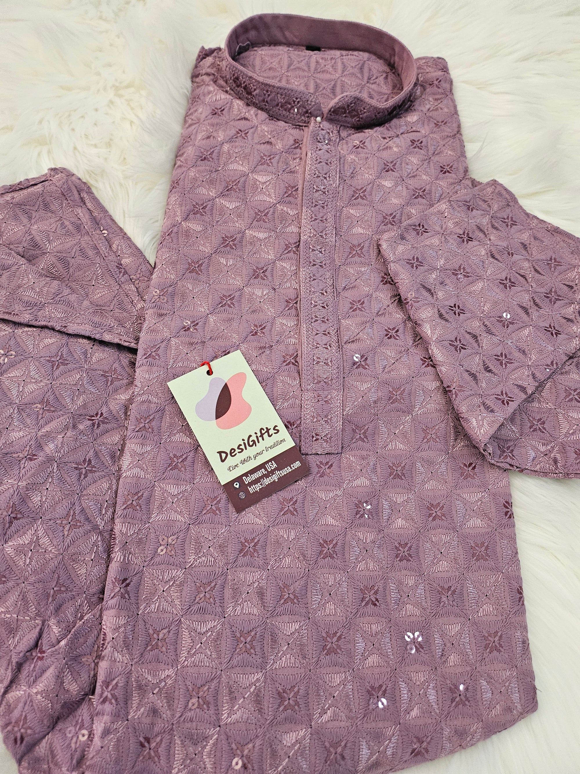 Lavender Purple Shade Sequins Work Chikankari Rayon 2 Piece Kurta Pajama Set for Man, KP - 1685