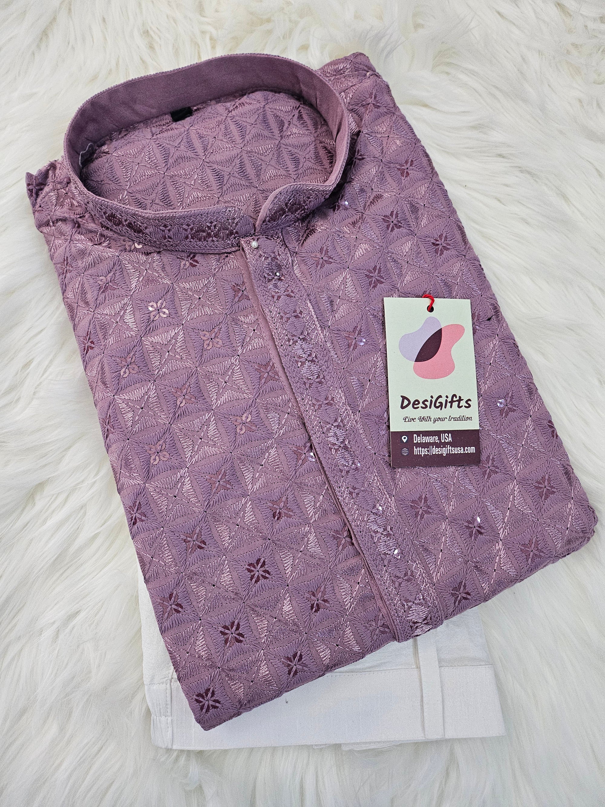 Lavender Purple Shade Sequins Work Chikankari Rayon 2 Piece Kurta Pajama Set for Man, KP - 1685