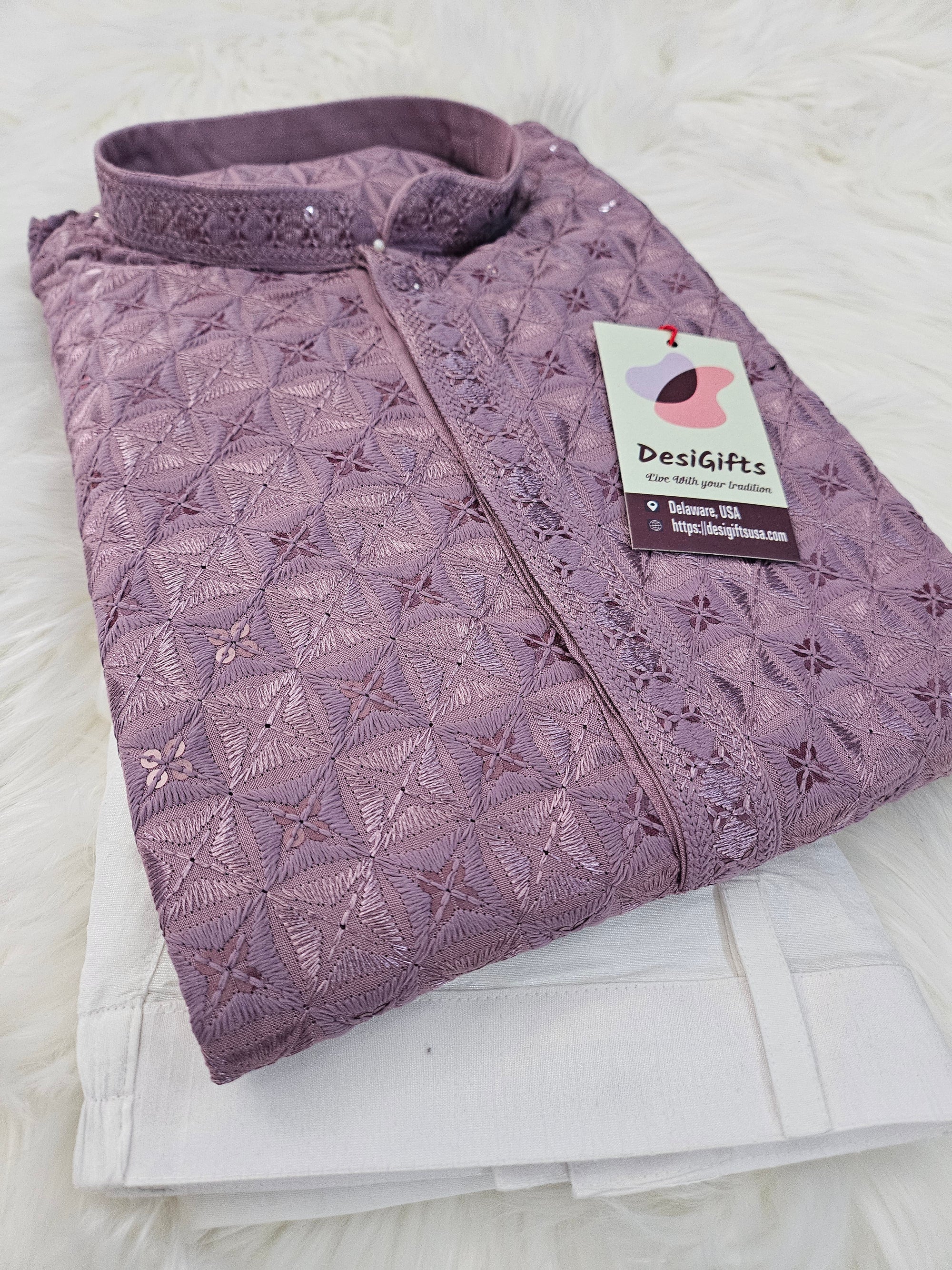 Lavender Purple Shade Sequins Work Chikankari Rayon 2 Piece Kurta Pajama Set for Man, KP - 1685