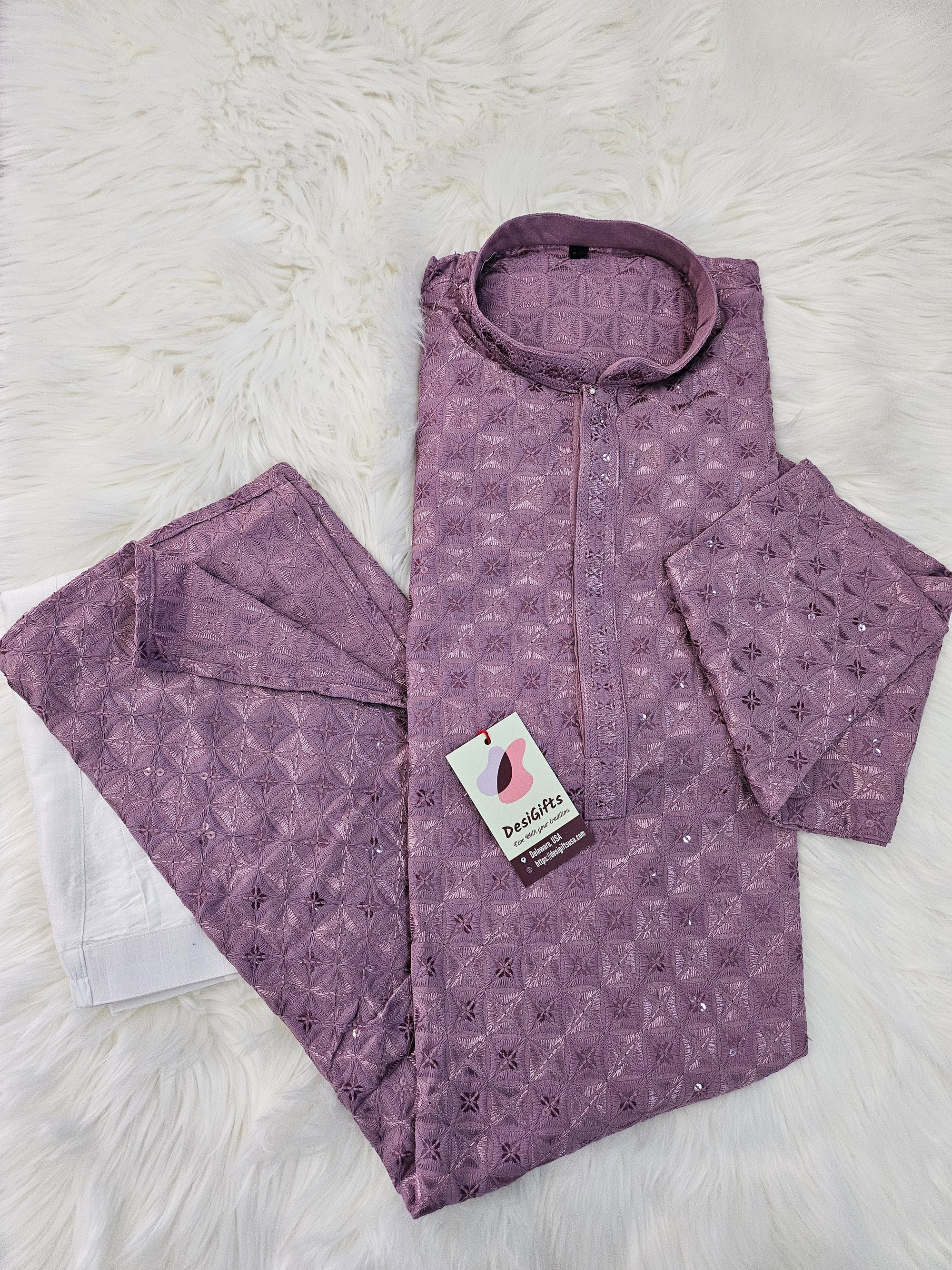 Lavender Purple Shade Sequins Work Chikankari Rayon 2 Piece Kurta Pajama Set for Man, KP - 1685