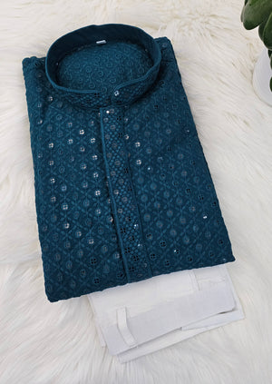 Sequins Work Chikankari Rayon 2 Piece Kurta Pajama Set for Man in Teal Blue shade, KP - 1681