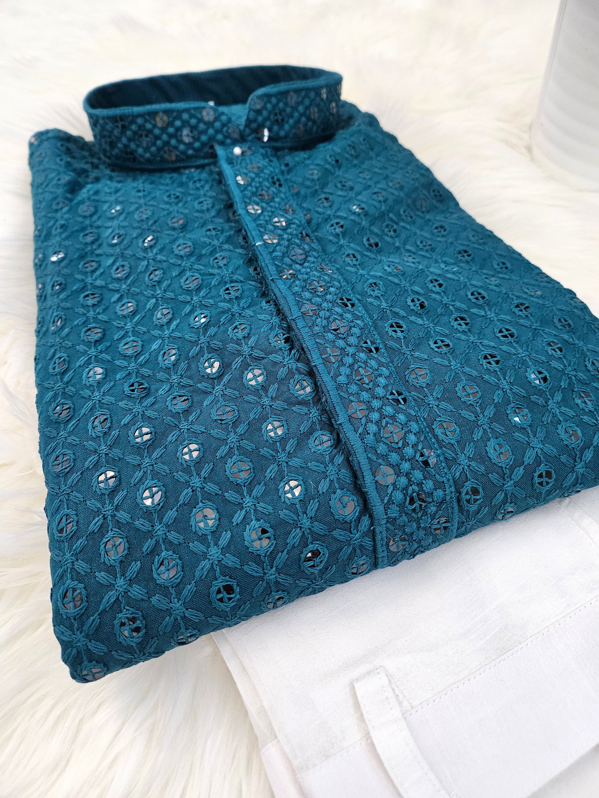 Sequins Work Chikankari Rayon 2 Piece Kurta Pajama Set for Man in Teal Blue shade, KP - 1681