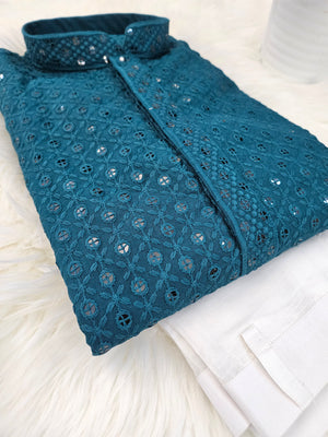 Sequins Work Chikankari Rayon 2 Piece Kurta Pajama Set for Man in Teal Blue shade, KP - 1681