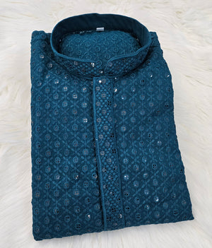 Sequins Work Chikankari Rayon 2 Piece Kurta Pajama Set for Man in Teal Blue shade, KP - 1681