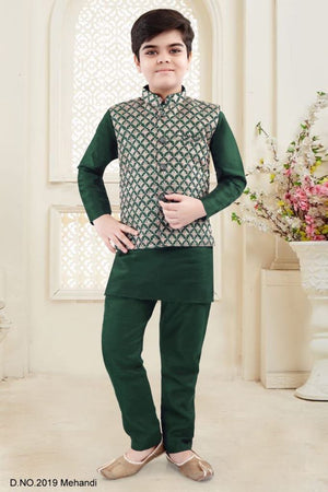 3 Piece Boy's Cotton Silk Kurta Dress with Embroidered Jacket and Pajama, Pine Green Shade- Design B-1438