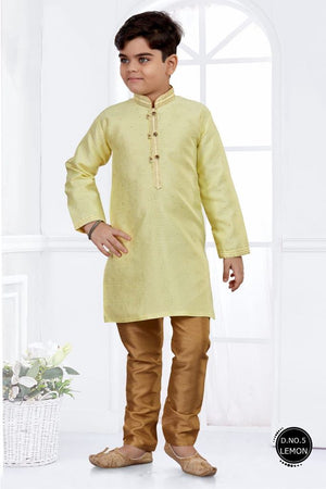 Pastel Yellow Boy's  Silk Kurta Pajama Set- BOY-1442