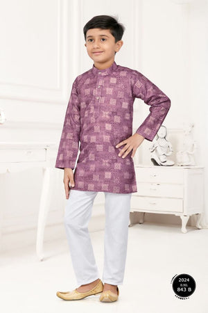 Lilac Purple Shade Boy's Cotton Silk Printed Designer Dress - Design BOY-1443