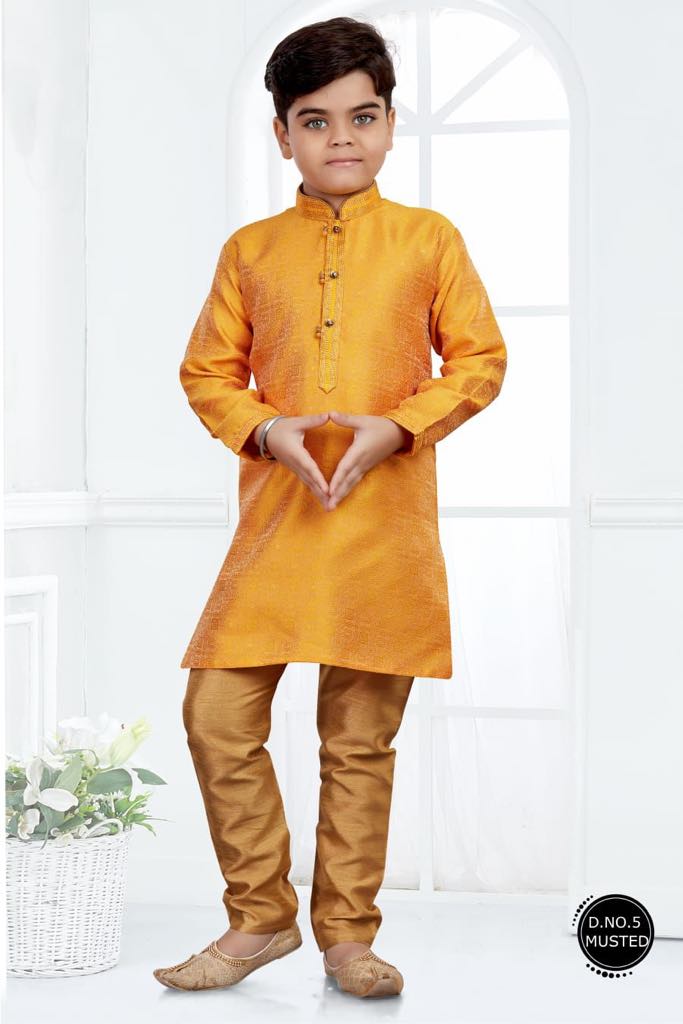 Marigold Yellow/ Orange Shade Boy's  Silk Kurta Pajama Set- BOY-1445 ko