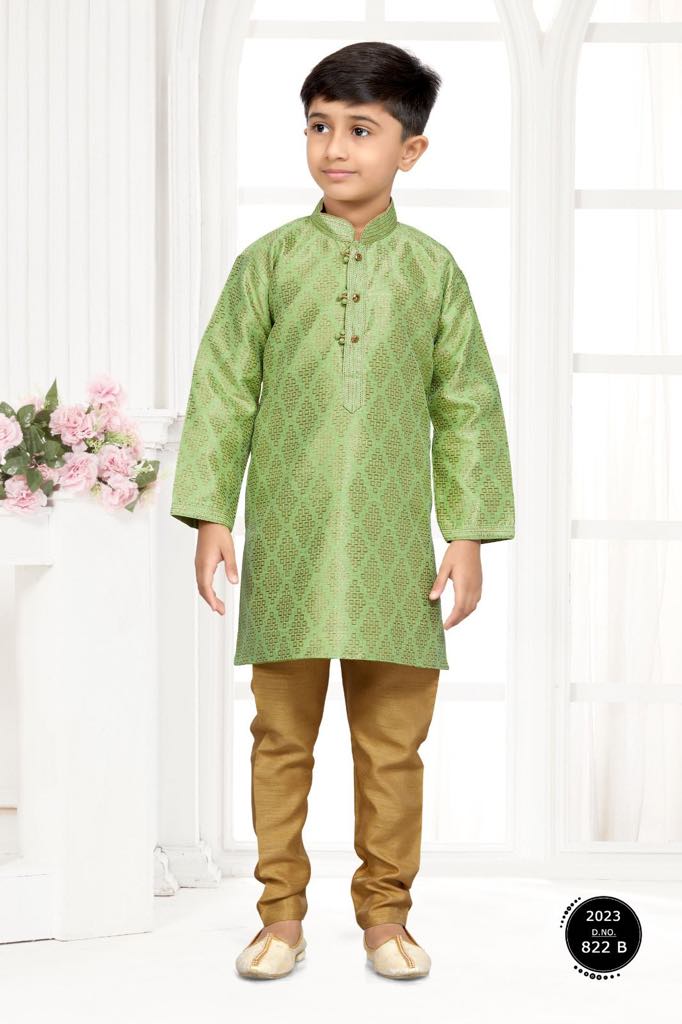 Tea Green Shade with Golden Design Boy's  Silk Kurta Pajama With Cotton Linen - BOY-1446