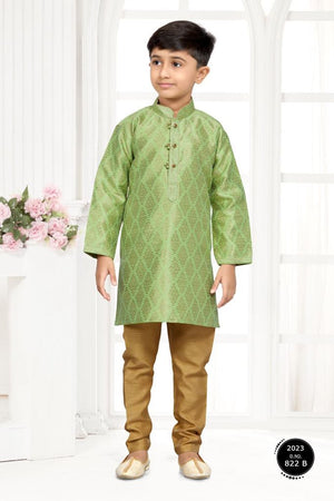 Tea Green Shade with Golden Design Boy's  Silk Kurta Pajama With Cotton Linen - BOY-1446