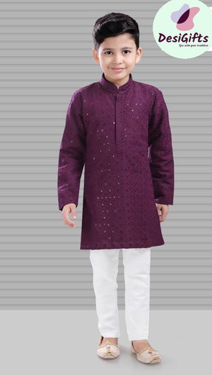 Boy's Cotton Silk Kurta Pajama with Sequins Work in Deep Purple Shade- BOY-1447