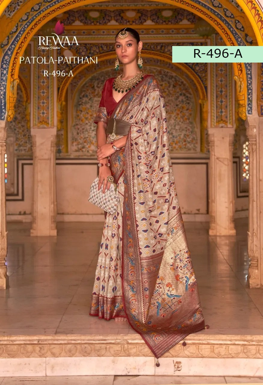 Rewaa Patola Print Paithani Smooth Silk Saree in Cream/Maroon With Stitched Blouse and complete fall & Peeco , SAREE - 1620=496A