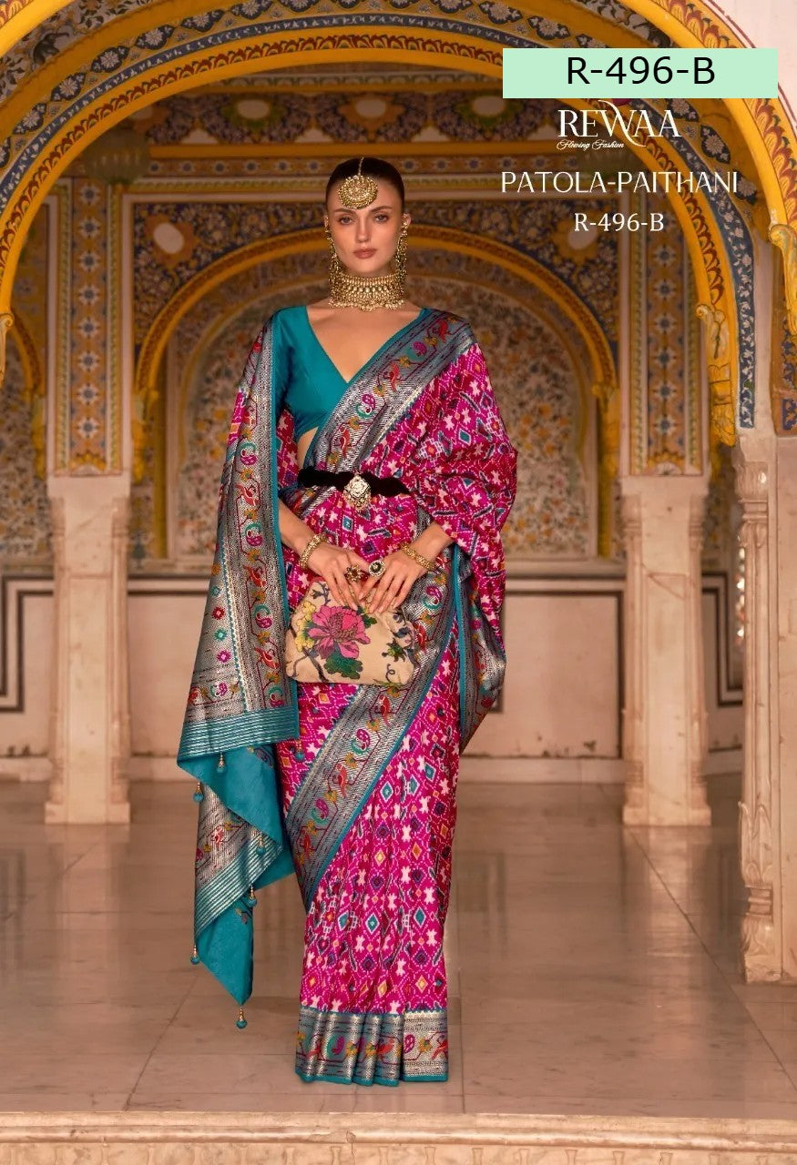 Rewaa Patola Print Paithani Smooth Silk Saree With Stitched Blouse and complete fall & Peeco , SAREE - 1620=496B