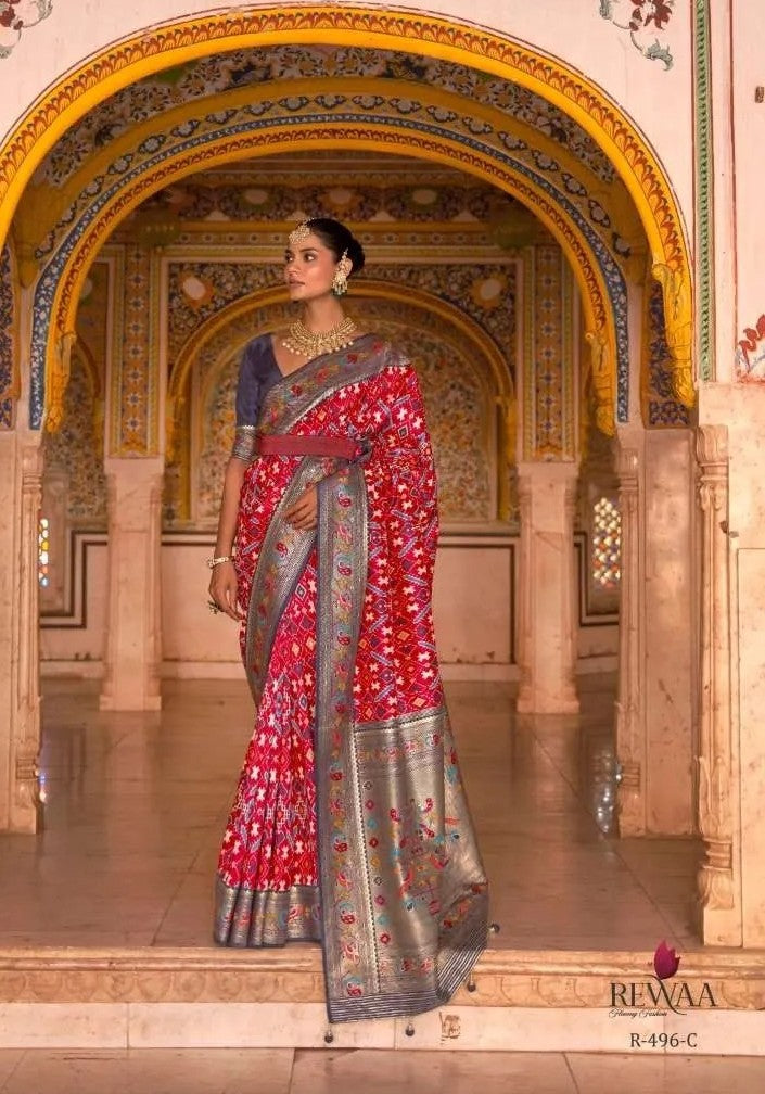 Rewaa Patola Print Paithani Smooth Silk Saree With Stitched Blouse and complete fall & Peeco , SAREE - 1620=496C