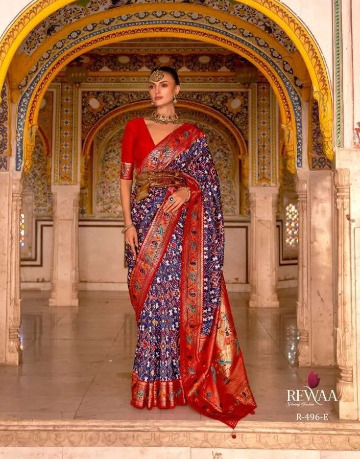 Rewaa Patola Print Paithani Smooth Silk Saree With Stitched Blouse and complete fall & Peeco , SAREE - 1620=496E