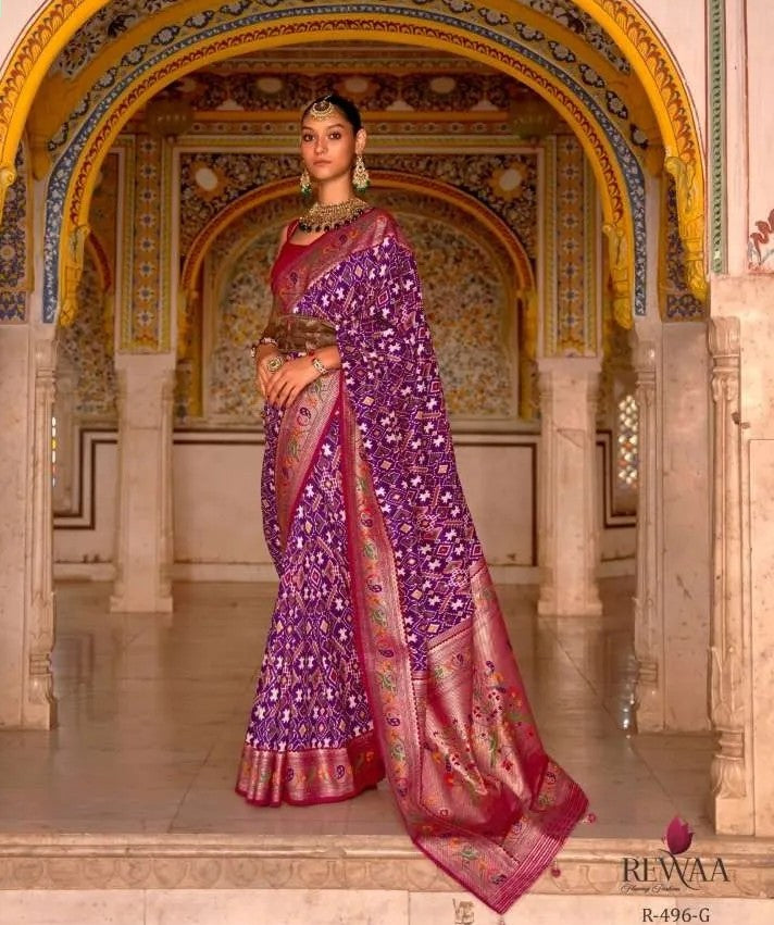 Rewaa Patola Print Paithani Smooth Silk Saree With Stitched Blouse and complete fall & Peeco , SAREE - 1620=496G