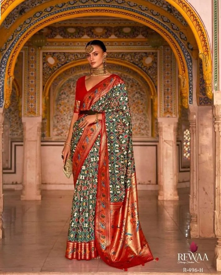 Rewaa Patola Print Paithani Smooth Silk Saree With Stitched Blouse and complete fall & Peeco , SAREE - 1620=496H