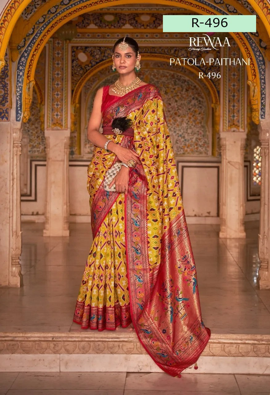 Rewaa Patola Print Paithani Smooth Silk Saree in Red/Yellow With Stitched Blouse and complete fall & Peeco , SAREE - 1620=496