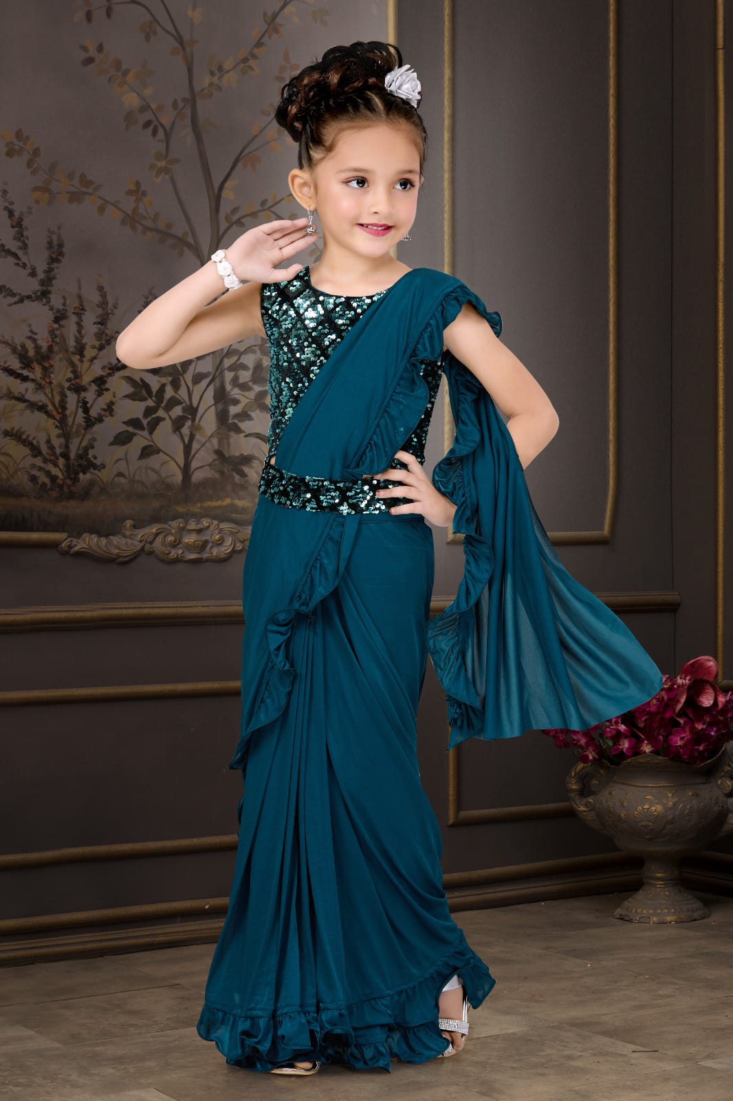 Readymade Saree  in Peacock Blue/Teal Shade for Girls, Indian Ethnic Outfit, GRL #1258