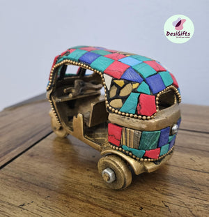 4" Auto Rickshaw in Brass with Stonework, Brass Decorative Auto Showpiece Gift, Auto- 1472